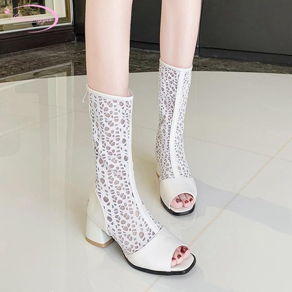 

chinese ol style peep toe summer mid-calf boots sandals embroidery zipper black white beige medium heel women's shoes