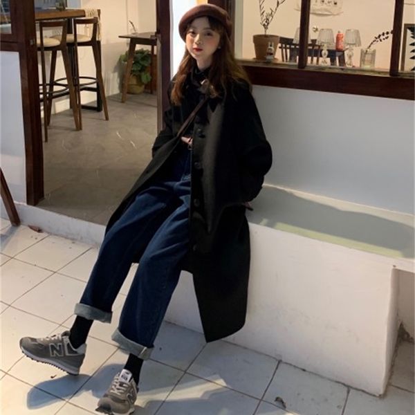 

genayooa vintage wool coats for woman sleeve long winter women loose single breasted coat female warm 210417, Black