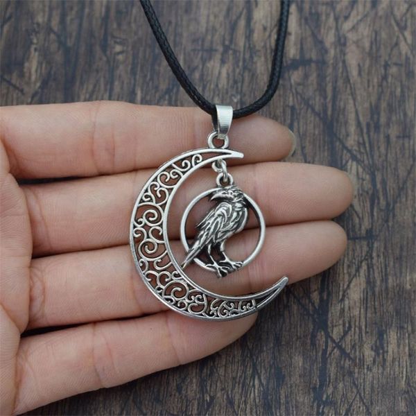 

pendant necklaces norse slavic pagan jewelry crescent moon raven necklace wicca gothic for women, Silver