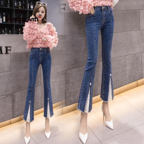 

high waist skinny flare women jeans pants korean style solid lace patchwork embroidered flares ol female fashion, Blue