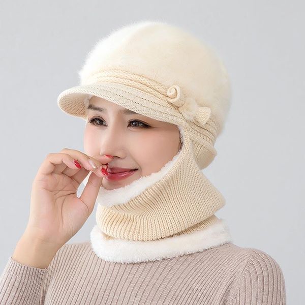 

berets fashion elderly ear protection hat cap women autumn and winter high-end cute plush scarf hooded all-match, Blue;gray