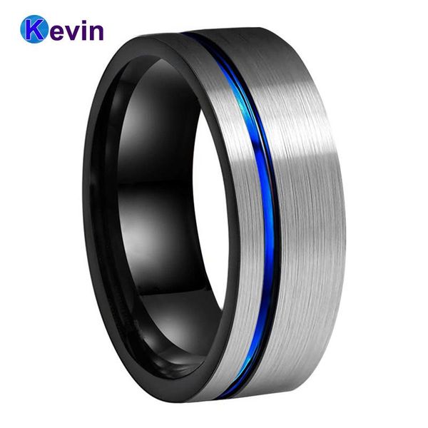 

wedding rings black blue tungsten band for men women with offset groove and brush finish 8mm comfort fit, Slivery;golden