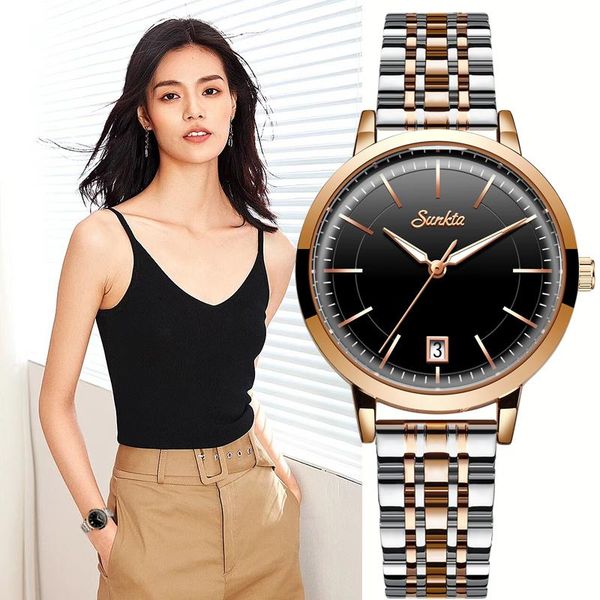 

wristwatches sunkta women watches fashion casual ladies quartz rose gold stainless steel waterproof watch clock for girl, Slivery;brown