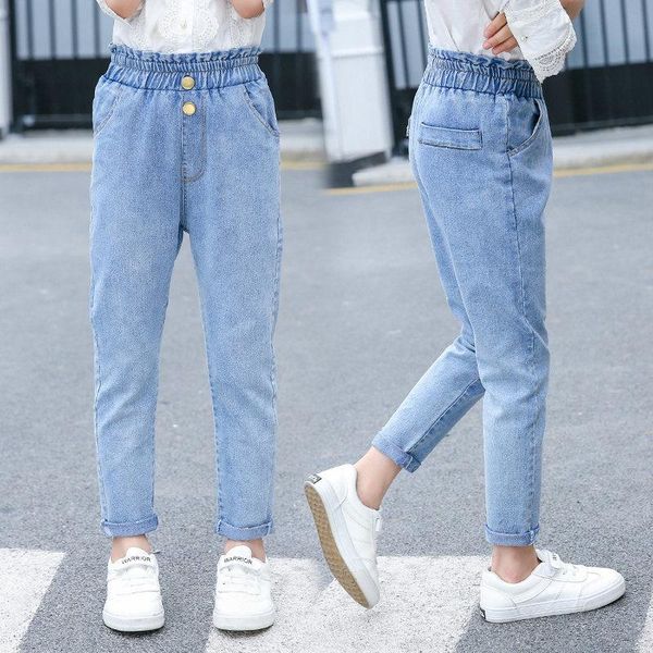 

jeans 2021 fashion high waist for girls kids metal buttons retro denim pants teenagers girl trousers 4-13t, Blue
