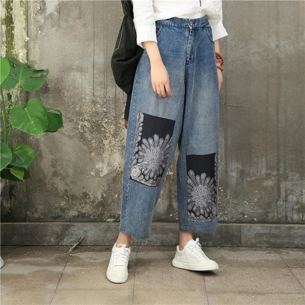

women's pants & capris elastic waist loose wide harem patchwork bandana contrast baggy denim pant midi calf length streetwear fashion h, Black;white