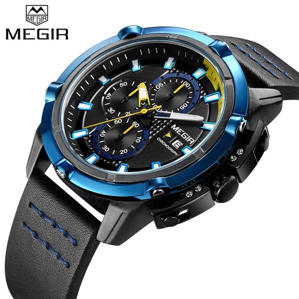 

wristwatches megir men watch chronograph calendar sport wristwatch military leather blue male clock relogio masculino 2062, Slivery;brown