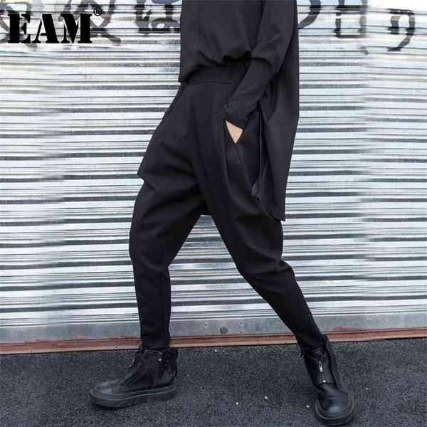

[eam] high elastic waist black split joint long harem trousers loose fit pants women fashion spring autumn 1z317 210925, Black;white