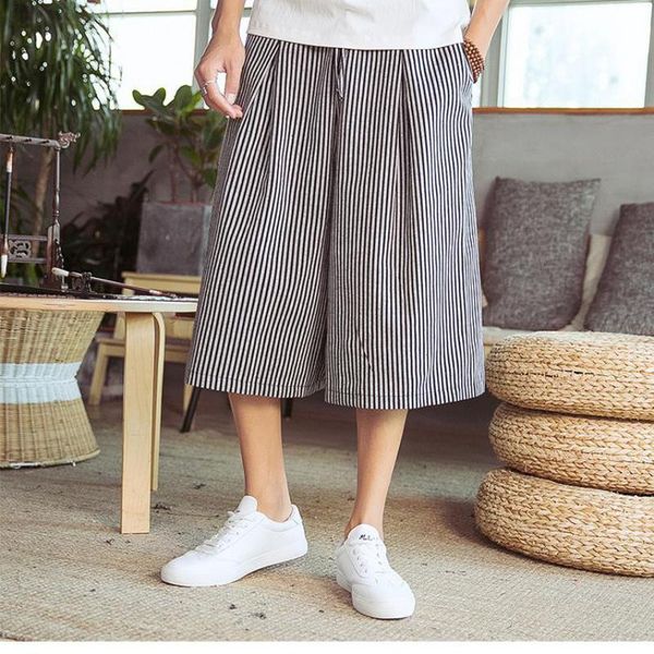 

men's pants elastic waist striped men japanese streetwear clothing summer light weight 2021 thin casual wide leg trousers, Black