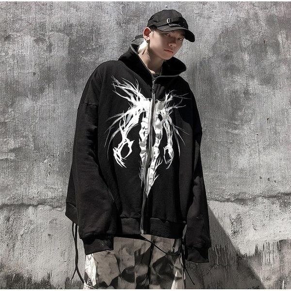 

men's hoodies & sweatshirts autumn streetwear gothic punk graphic print zipper ribbon hooded hoodie casual fashion black cool oversize