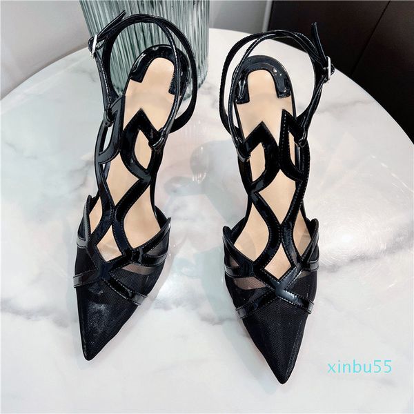 Moda-Rahat Tasarımcı Seksi Lady Moda Kadın Ayakkabı Siyah Deri Örgü Criss-Cross Strappy Sivri Toe Stiletto Yüksek Topuklu Balo