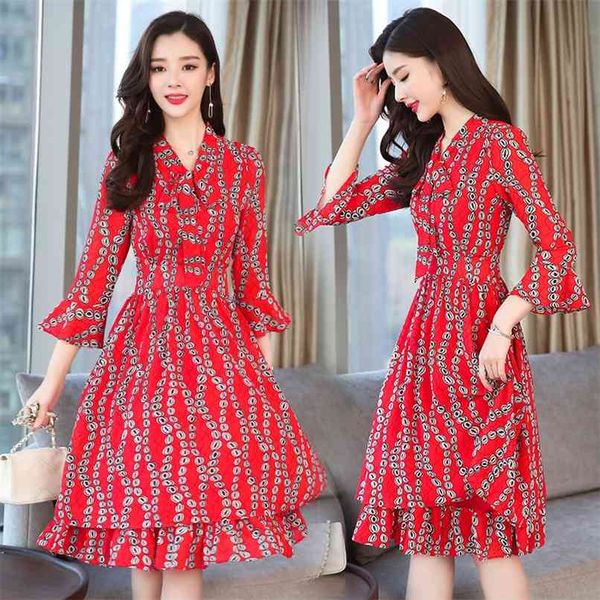 

vintage pink print long sleeve midi dresses autumn winter 3xl plus size chiffon dress elegant women bodycon party vestidos 210528, Black;gray