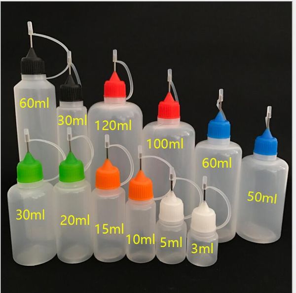 Leere nachfüllbare Kunststoffflasche mit zusammendrückbarer Nadel, 3 ml, 5 ml, 10 ml, 15 ml, 20 ml, 30 ml, 50 ml, 60 ml, 100 ml, 120 ml, Flüssigkeitstropfer, Probe, Augentropfen