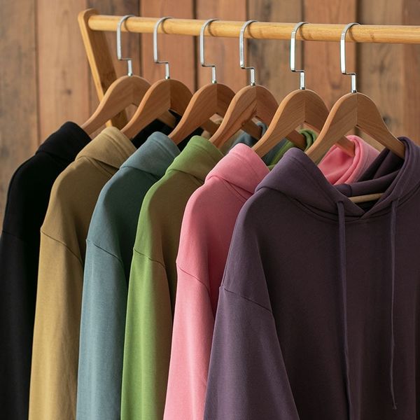 

6 colors 320g violet avocado green loose shoulder hooded sweater men's large coat, Black