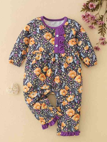 

baby floral print ruffle trim fake button jumpsuit she, Blue