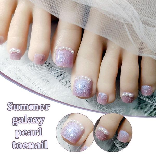 

false nails 24pcs summer galaxy blue spar pearl decoration fake full cover press on with glue finished fashion nail art tools, Red;gold