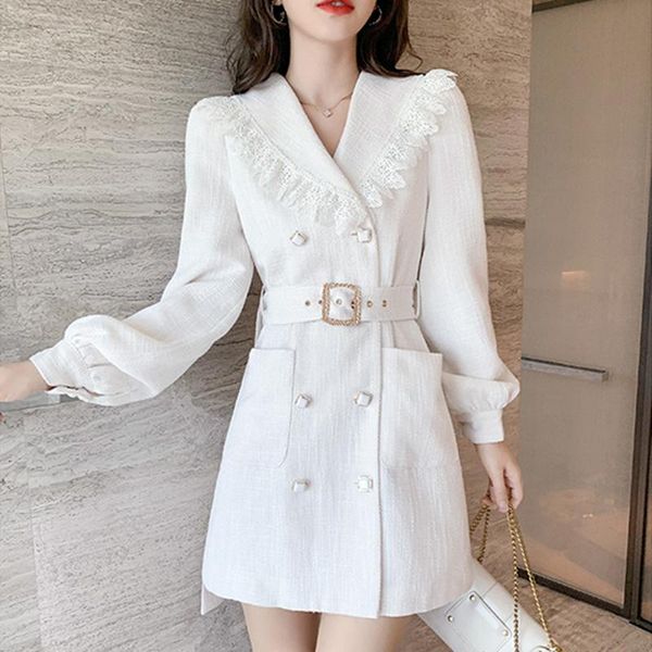 

fashion office ol short white dress autumn winter double-breasted lantern sleeve sweet lace trim notched blazer belt casual dresses, Black;gray