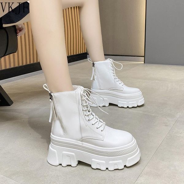 

boots autumn women thick sole ankle platform leather casual 2021 women's 8cm high heels wedge shoes woman sneakers, Black