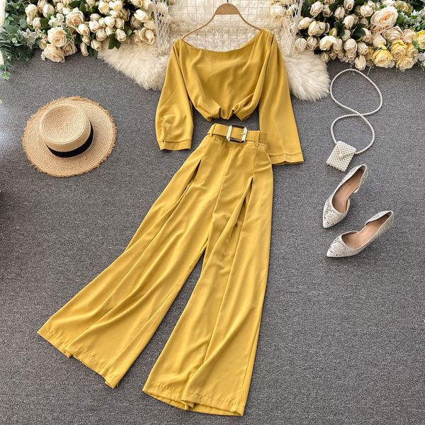 

pants women solid backless blouse and long pants office lady sets, White