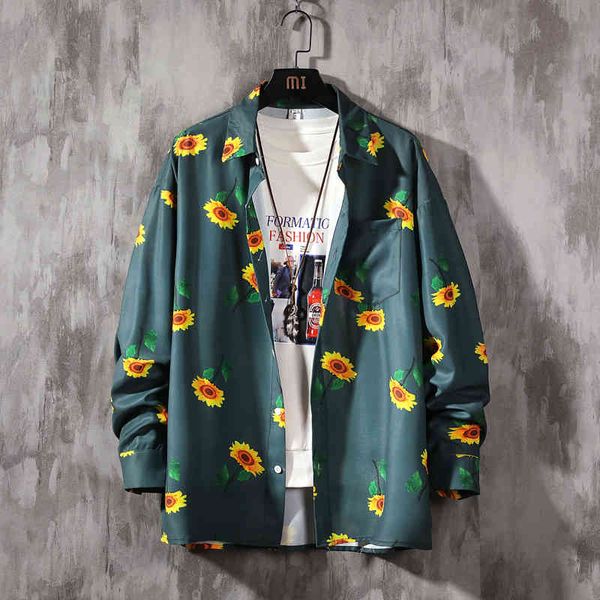 

women's blouses & shirts men sunflower print colorful long sleeve loose button casual shirt jacket men hawaiian shirt blouse r3do, White