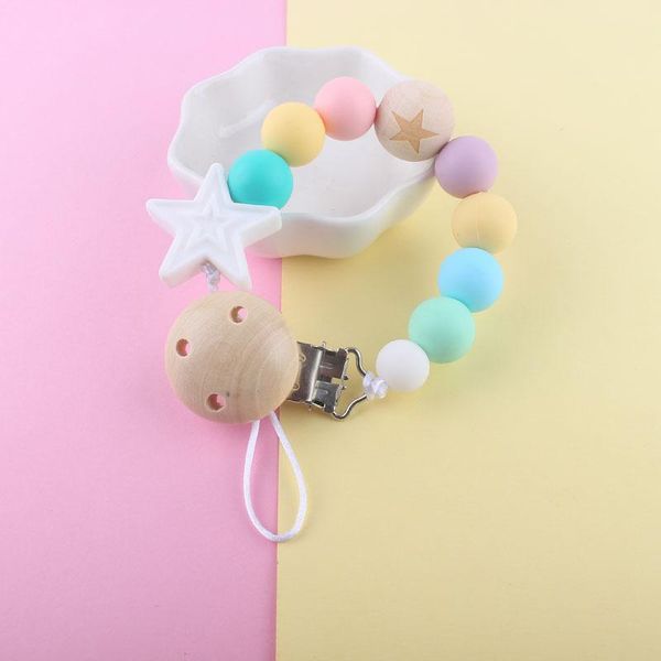 

pacifiers# wooden clip for pacifier holder nipples infant baby teething leash strap silicone five star pendant beads chain