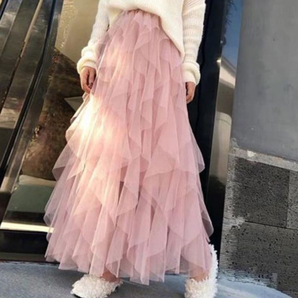 

skirts spring 2021 sweet cake layered long mesh princess high waist ruffled vintage tiered tulle pleated, Black