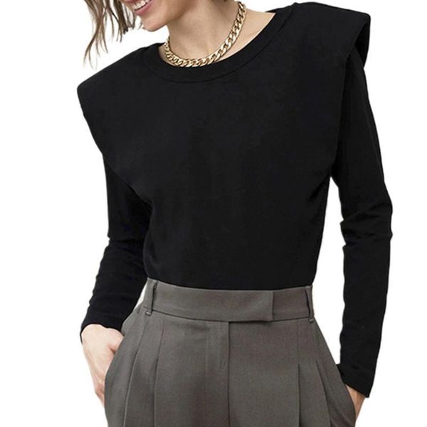 

women blouses spring cap sleeve autumn fashion long shoulder pads ladies solid color blouse for work daily wear, White