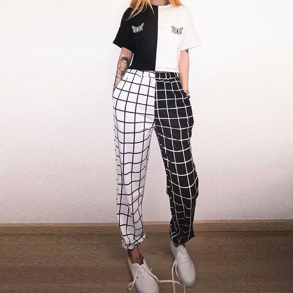 

vintage plaid patchwork pants harajuku woman trousers elastics high waist causal straight checkerboard prited women's & capris, Black;white