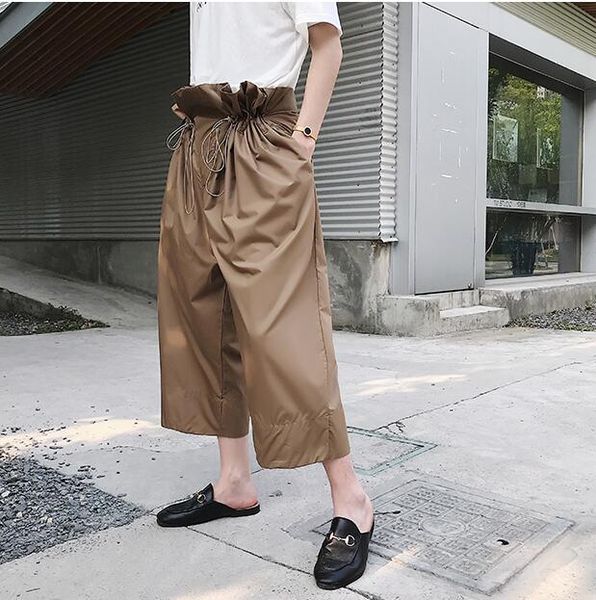 

men's pants 2021 summer show style drawstring pleated high waist leisure trend straight tube wide leg m-xl, Black