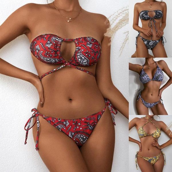 

women's swimwear bikini 2021women's fashion puddle fabric print strap split swimsuit woman women push up set, White;black