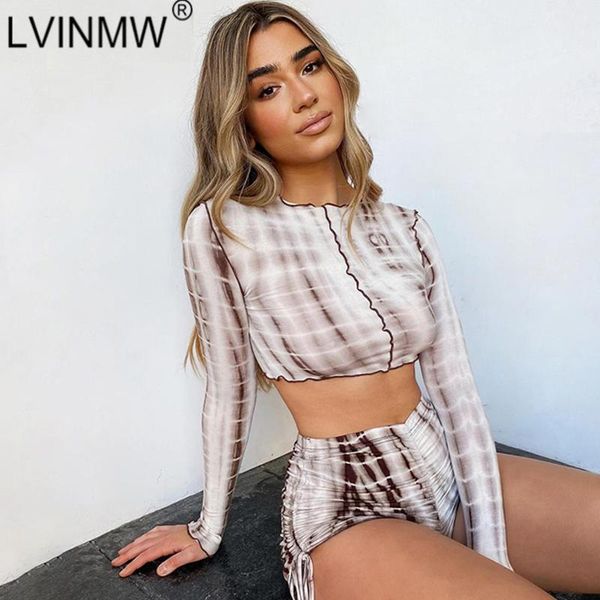 

print casual slim autumn women two piece set round neck long sleeve ruffles high waist lace up shorts streetwear women's pants, White