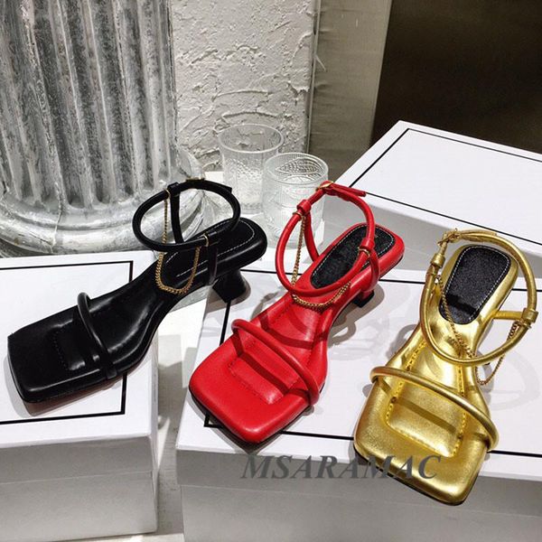 

sandals large square toe metal chain set foot ladies high heels gold black white red summer heel