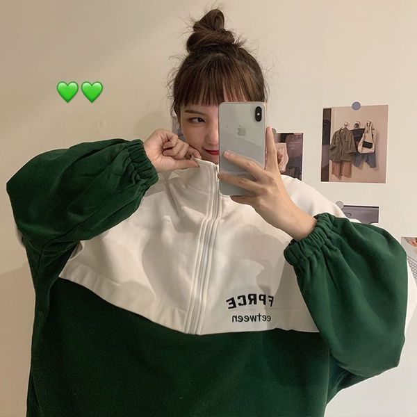 

women's hoodies & sweatshirts large sweatshirt, high neck running suit, korean hip-hop jacket, loose casual sweater, spring and autumn, Black