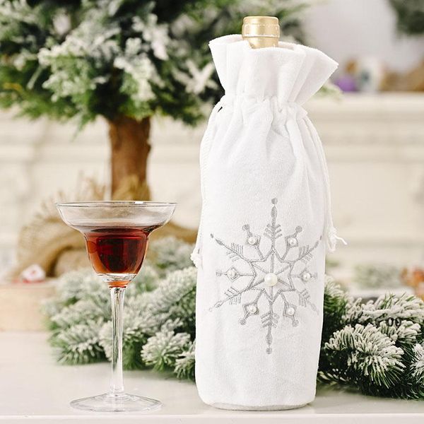 Doppia coulisse Fiocco di neve Perline Copri borsa per bottiglia di vino Decorazione natalizia Panno bianco Copribottiglie Colore argento champagne GWE11066