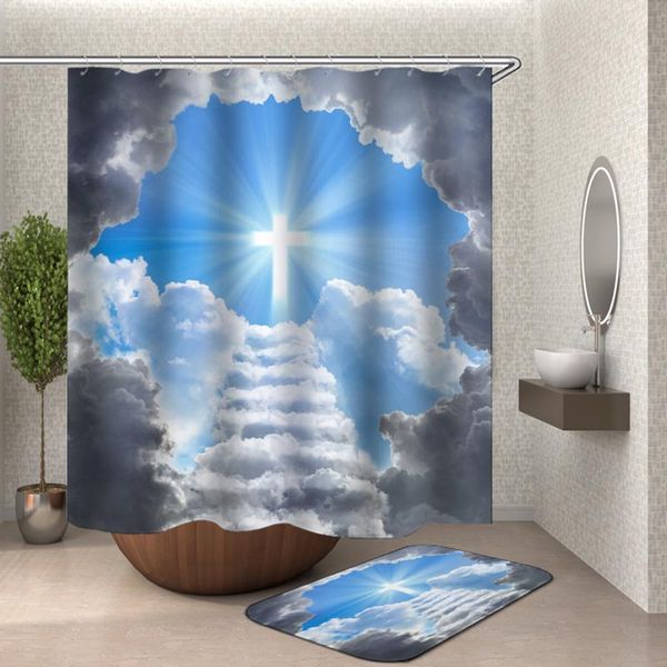 

blue sky cross shower curtain waterproof bathroom drop curtains