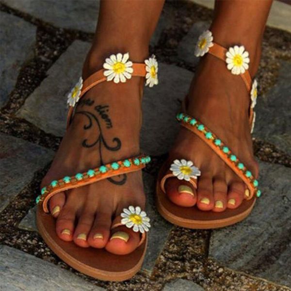 

sandals women casual flower little daisy decoration shoes flats slip on open toe flat heel women#, Black
