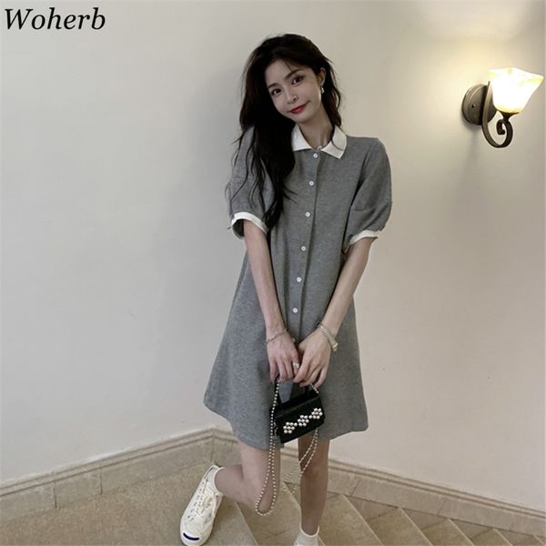 

casual short puff sleeve shirt dress women single-breasted all match mini dresses korean chic fashion robe vestidos 210519, Black;gray