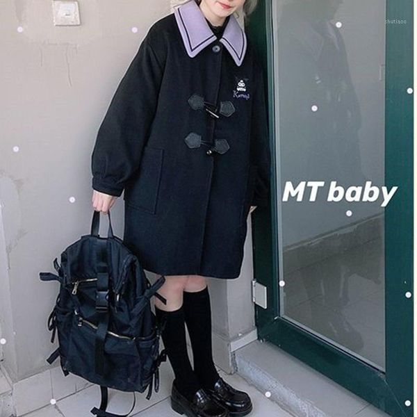 

women's wool & blends kawaii cartoon embroidered long coat korean style fashion oversized sleeve woolen harajuku fall clothes for women, Black