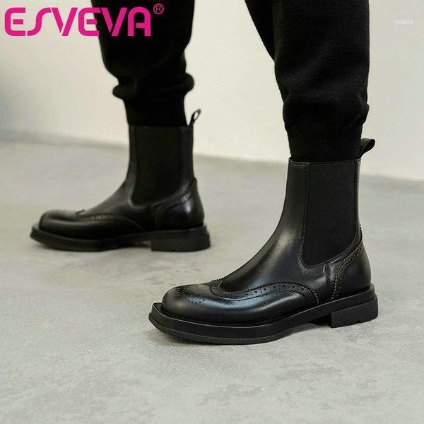 

boots esveva 2021 round toe square low heel pu+leather ankle women shoes western style slip on black size 34-3911
