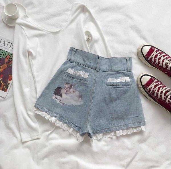 

women lace angel printed denim shorts cartoon print high waist shorts 210611, White;black