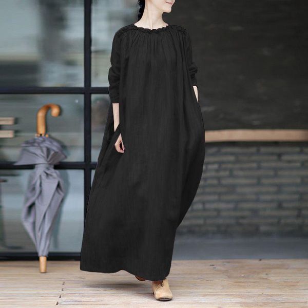 

casual dresses vonda 2021 women dress long sleeve solid color autumn beach sundress loose pleated vestidos elegant robe 5xl, Black;gray