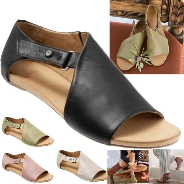 

fashion women summer shoes leather flat sandals buckle strap slippers fish mouth women's casual plus size shoe, Black