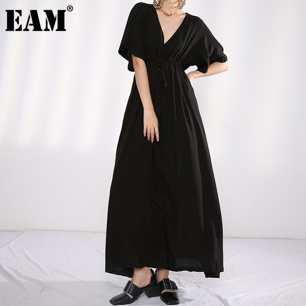 

[eam] women black drastring long big size dress v-neck half sleeve loose fit fashion spring summer ma80701 210512, Black;gray