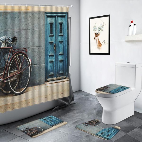 

shower curtains vintage bicycle blue old wooden door set bathroom carpet retro stone wall bath mat non-slip rug toilet lid cover