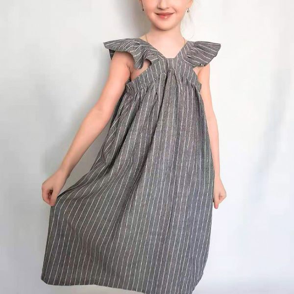 

children girls dress summer casual girls sling dress children elegant birthday party dresses toddlers kids gray stripe clothing, Red;yellow