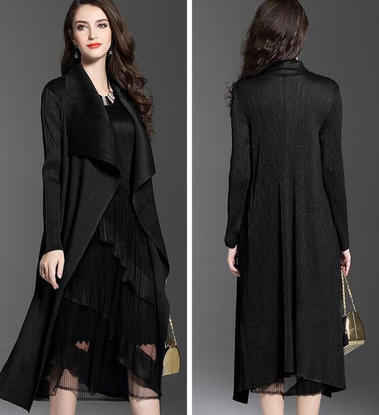 

women's trench coats women fashion pleated long windbreaker turn down collar open cardigan black green gray red khaki female clothing c, Tan;black