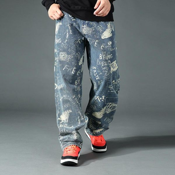 

men's jeans tide hip hop loose casual denim trousers printing baggy straight men clothing leisure bottoms plus size 46, Blue