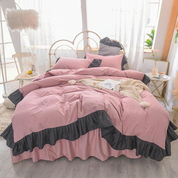 

bedding sets korean princess style pink gray khaki 100% cotoon set cover 2m pillowcases 1.5m 1.2m ruffles skirt duvet 1.8m bed black