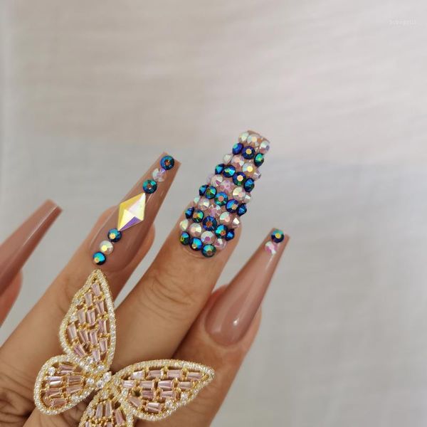 

24pcs luxury jewelry solid color long ballet coffin salon craft decoration crystal diamond false nails brown1, Red;gold