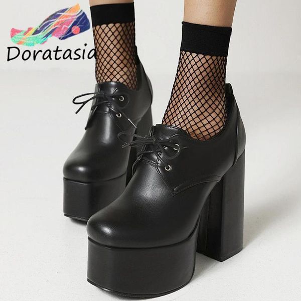 

dress shoes doratasia office lady trendy pumps lace up round toe shallow high heel platform women's big size 46 party comfy, Black
