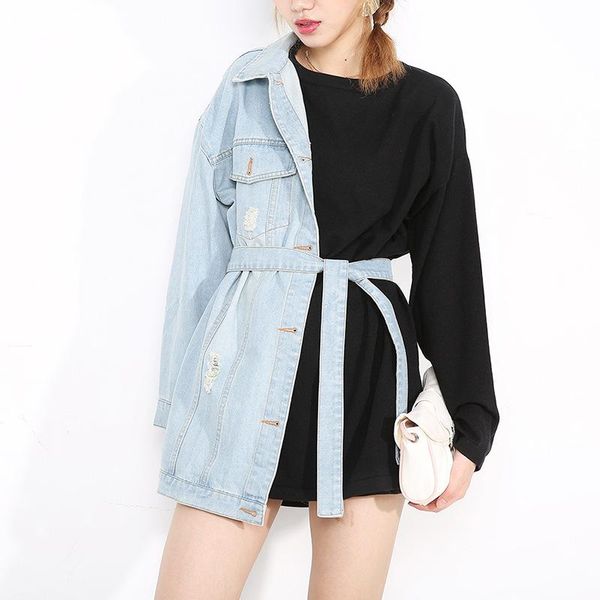 

women's hoodies & sweatshirts johnature 2021 fashion women false two pieces long spring high street bandage patchwork denim, Black